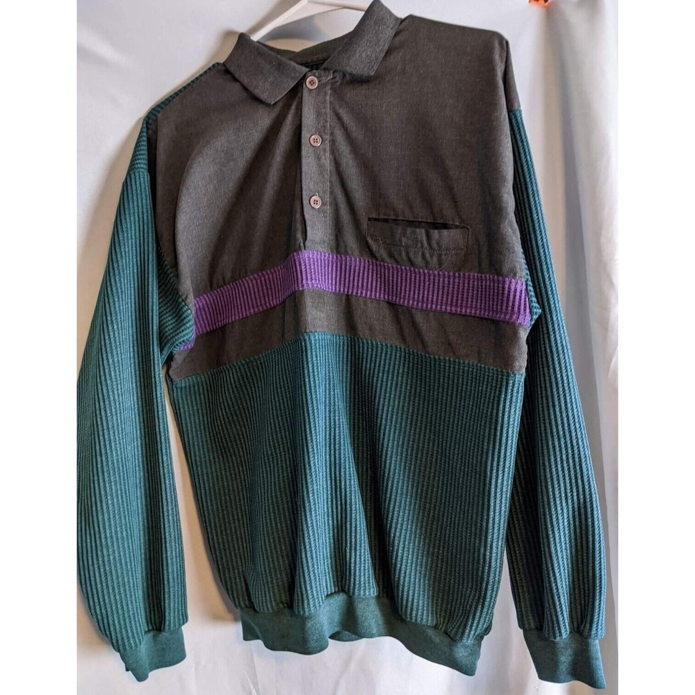 Hukapoo VINTAGE Gray Shirt Men's M LS Colorblock Collared Waffle Knit Pocket